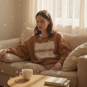 Vero Moda Cotton Oversized Brown & White  Someday Sweatshirt With Side Slits